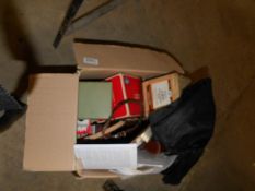 A box of photographic equipment including developing tanks etc