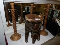 3 tall barley twist candlesticks and a carved stool