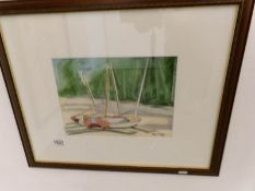 A signed and dated watercolour painting of sailing boats on a beach by Mary Piercy (1938-2012)