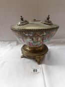 An early Chinese brass and porcelain desk stand a/f and missing inkwells