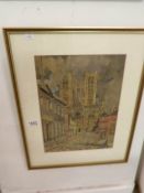A watercolour of Lincoln Cathedral from castle square