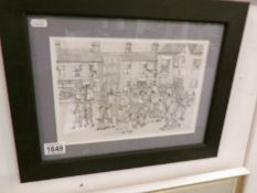 An ink and pencil street scene by K Myers (Northern School) in black wood frame.