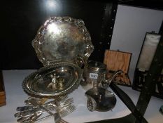 A mixed lot of silver plate including tray, basket, teapot,