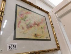 A framed and glazed oil on board by Dorothy Lee Roberts '95, abstract flowers,