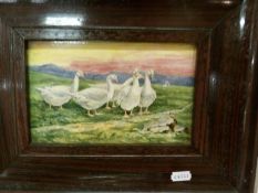 A framed hand painted Royal Doulton plaque depicting geese, signed but indistinct, possibly Florence