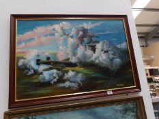 An oil on canvas, aircraft in flight,