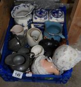 A box of miscellaneous including blue and white, bear figure,