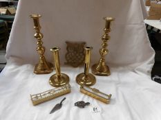 2 pairs of brass candlesticks, 2 miniature brass fenders,