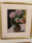 A framed and glazed oil on board 'Peonies and Roses' by Dorothy Lee Roberts,