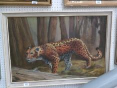 An oil on board of a leopard signed John Parsons