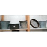 3 galvanised buckets,