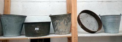 3 galvanised buckets,