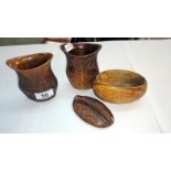 2 carved wood vases & a similar trinket box with lid