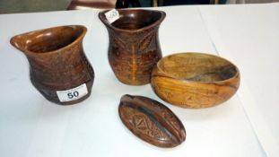 2 carved wood vases & a similar trinket box with lid