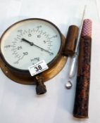 A pressure gauge & thermometer with original case