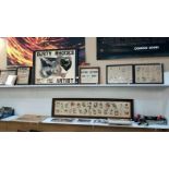 A shop sign, tattoo 'flashes' & designs, Framed & glazed advertising original designs,