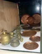A mixed lot of brass and other metal ware including camel bells