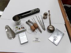 A mixed lot of small silver plated and stainless items including crab sticks, pepper pot,