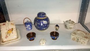 A mixed lot including cheese dish, butter dish,