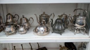 A mixed lot of silver plate including tea set, spirit kettle,
