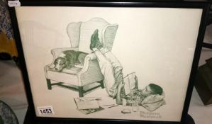 A pencil study of a boy reading signed Norman Rockwell