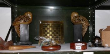 A pair of parrots on plinths, a deco chrome cigarette box, items of treen,