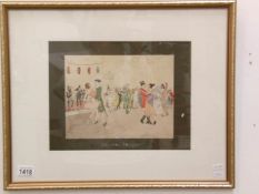 A watercolour painting of a fancy dress ball and big band scene signed R James Mason