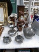 A mixed lot including pewter tea set, pewter biscuit barrel,