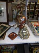 A mixed lot of brass and copper including kettle on stand,