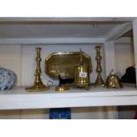 A brass tray, pair of Victorian brass candlesticks,