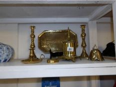 A brass tray, pair of Victorian brass candlesticks,