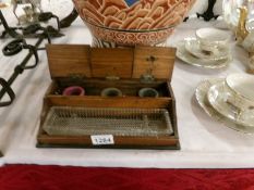 A mahogany 3 pot ink stand with glass pen tray