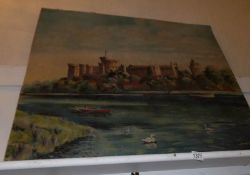 An oil on board painting of castle and church by river signed Fred Stansfield