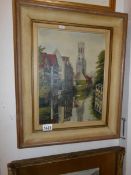 A framed oil on canvas, European school, Houses on river,