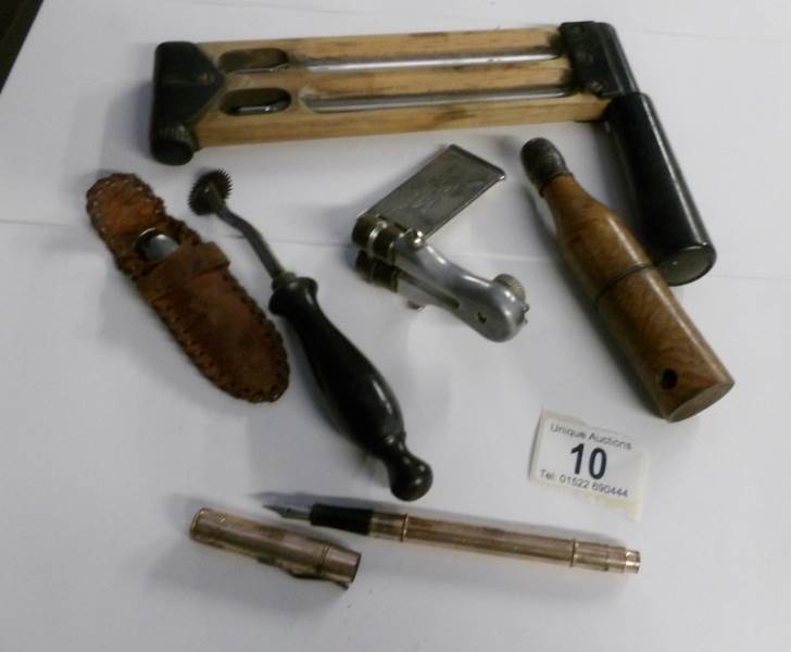 A mixed lot of vintage tools including unusual thermometer