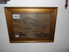 A gilt framed signed watercolour of a mountain valley stream by Edward Harrison