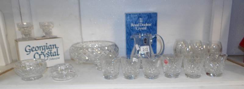 A Royal Doulton crystal jug, 6 Webb Corbett whisky and brandy glasses,