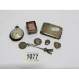 A silver match holder, silver stamp box, silver pocket watch a/f,