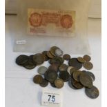 A mixed lot of old GB coinage including George VII shilling, George II silver coin,
