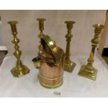 2 pairs of Victorian brass candlesticks and a copper and brass 'Billy' can