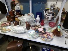 A mixed lot including Crown Derby teapot (lid a/f), stoneware jugs, tureens,