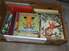 A box of children's books including More Rupert Adventures 1952, New Rupert Book 1951,