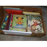 A box of children's books including More Rupert Adventures 1952, New Rupert Book 1951,