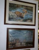 2 framed anf glazed prints 'Tigers in Water' by Willems De Beer and 'Dockside by Moonlight' by