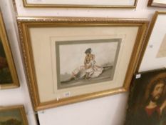 An unsigned framed watercolour of a semi nude washer woman