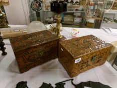 2 small carved camphor wood boxes with locks