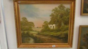 A countryside landscape with cottage in foreground,