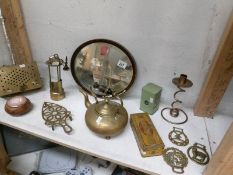 A mixed lot of brassware including kettle,