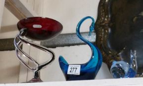 A coloured glass bowl on stem and 2 other items