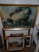 3 framed and glazed prints and a railway print